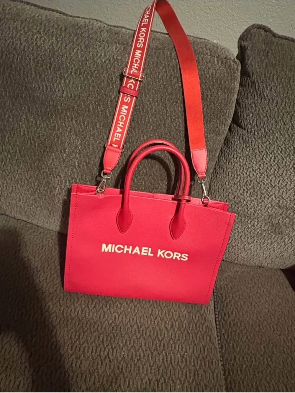 Large Michael Kors Bright Raspberry Logo Tote with Detachable Logo Strap
